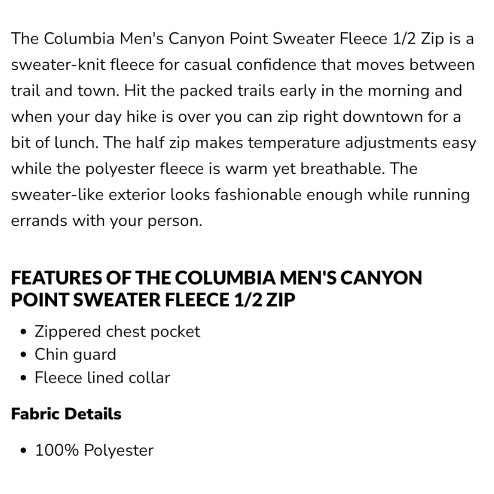🥳FINAL SALE👍❄️NWT‼️ Columbia brand Canyon Point 1/2 Zip Sweater Fleece - Picture 4 of 12